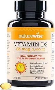 NatureWise Vitamin D3 1000iu (25 mcg) 200-dagars leverans för immunstöd, hälsosam muskelfunktion och benhälsa - icke-GMO, glutenfri i organisk extra jungfruolja, (Mini Softgel), 200 greve