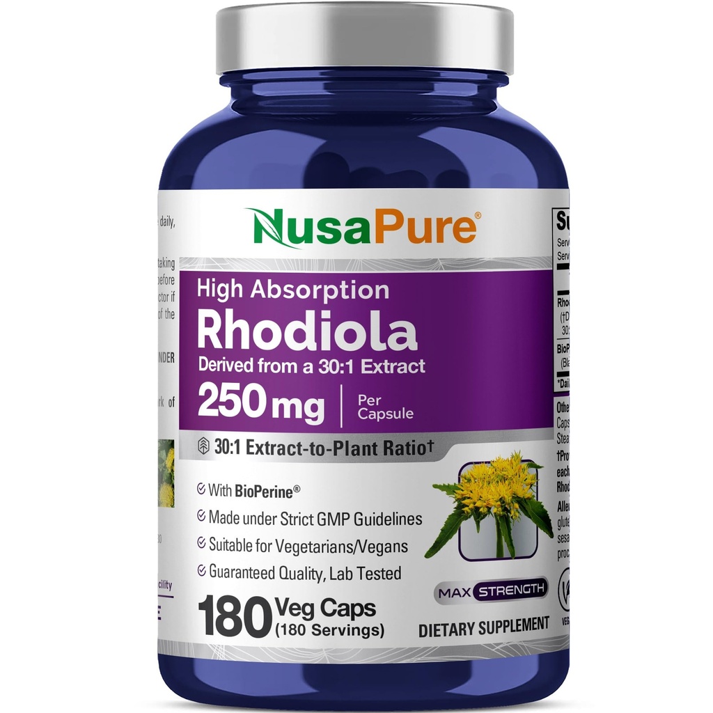 NusaPure Rhodiola Rosea 7500mg 180 Veggie Capsules (Non-GMO, Extract 30:1, Vegan & Gluten-Free) Bioperine
