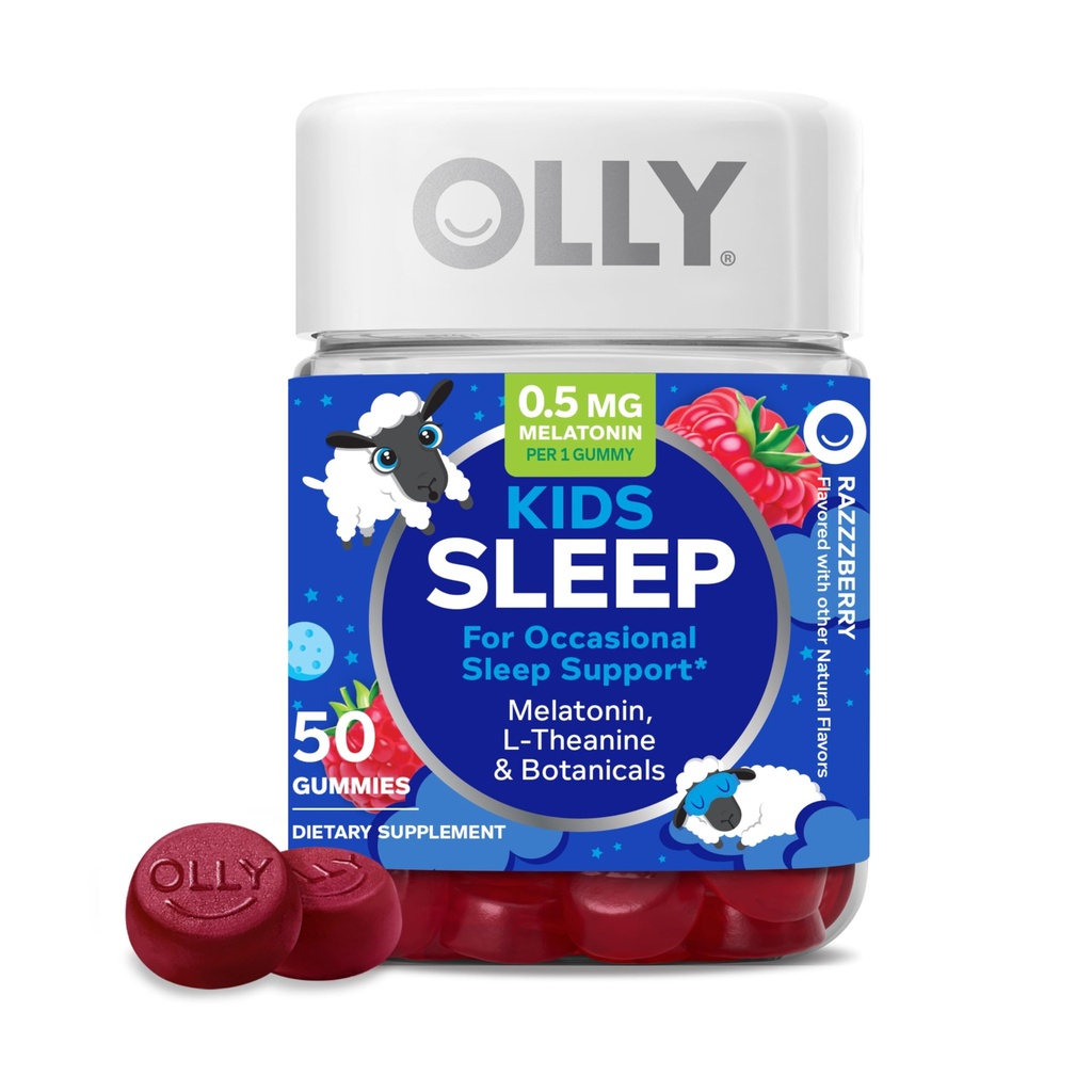 OLLY Kids Sleep Gummy, Occasional Sleep Support, * 0,5 mg Melatonin, L-Theanine, Raspberry Flavored, 50 eller 25 Day Supply - 50 greve