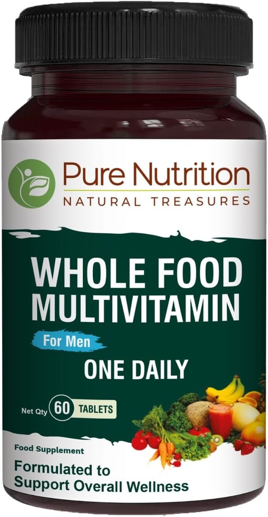 Ren näring hela mat multivitaminer för män | 60 flikar | One-A-Day | 100% RDA | 24 naturliga vitaminer och mineraler | Alla naturliga växtbaserade mäns multivitamin | 2 månader leverans