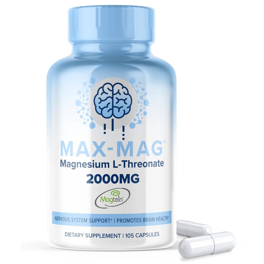 Max-Mag Magnesium L-Threonate Supplement - 105 kapslar Made in USA- Magtein 2000mg Complex med vitamin D3 och K2 för sömn, humör och hjärnmagnesium L Threonate Capsules Nutrition av MaxLife Naturals