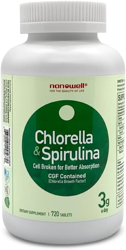 NANOWELL Chlorella & Spirulina 720 tabletter - Chlorella, Spirulina, antioxidanter, vitaminer, rika i proteiner, bruten cellvägg (720 greve)