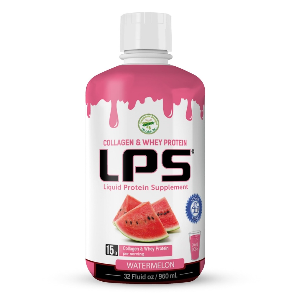LPS Liquid Collagen & Whey Protein Supplement - Sugar-Free, Dye-Free, Non-GMO Drink - Hydrolyzed Collagen & Whey Peptides främjar hälsosam hud och hår för män och kvinnor, Watermelon, 32 fl oz