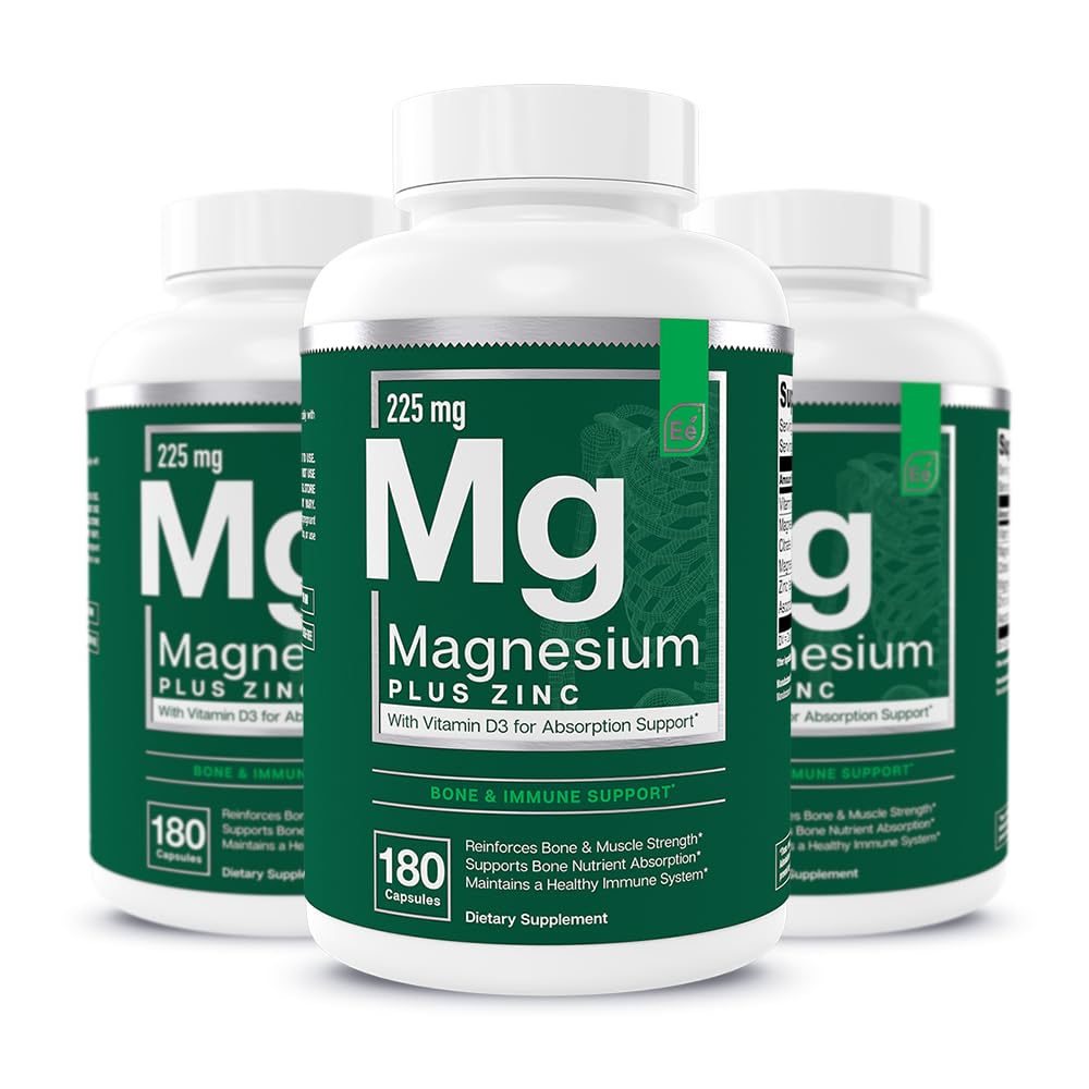 Essential Elements Magnesium Plus Zink med vitamin D3 | Vetenskapligt formulerat hjärta, ben och muskelstöd | 225mg Triple-Strength Magnesium Komplex med Glycinate, Malate, Citrat | 540 Räkna