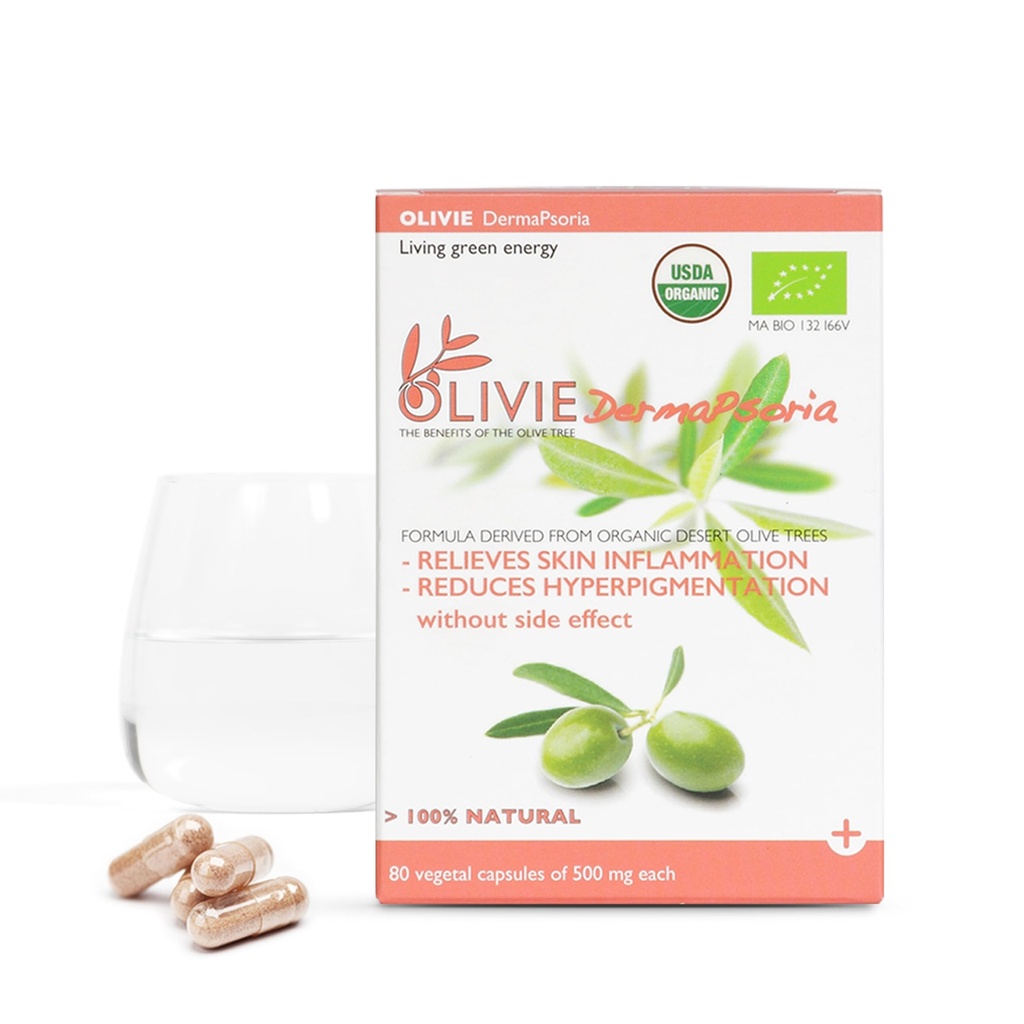 Organisk olivblad extrakt tillskott för kvinnor och män av OLIVIE | DermaPsoria tillskott för psoriasis, eksem, hyperpigmentering | olivolja kapslar | Antioxidant polyfenoler | 80 vegetala kapslar