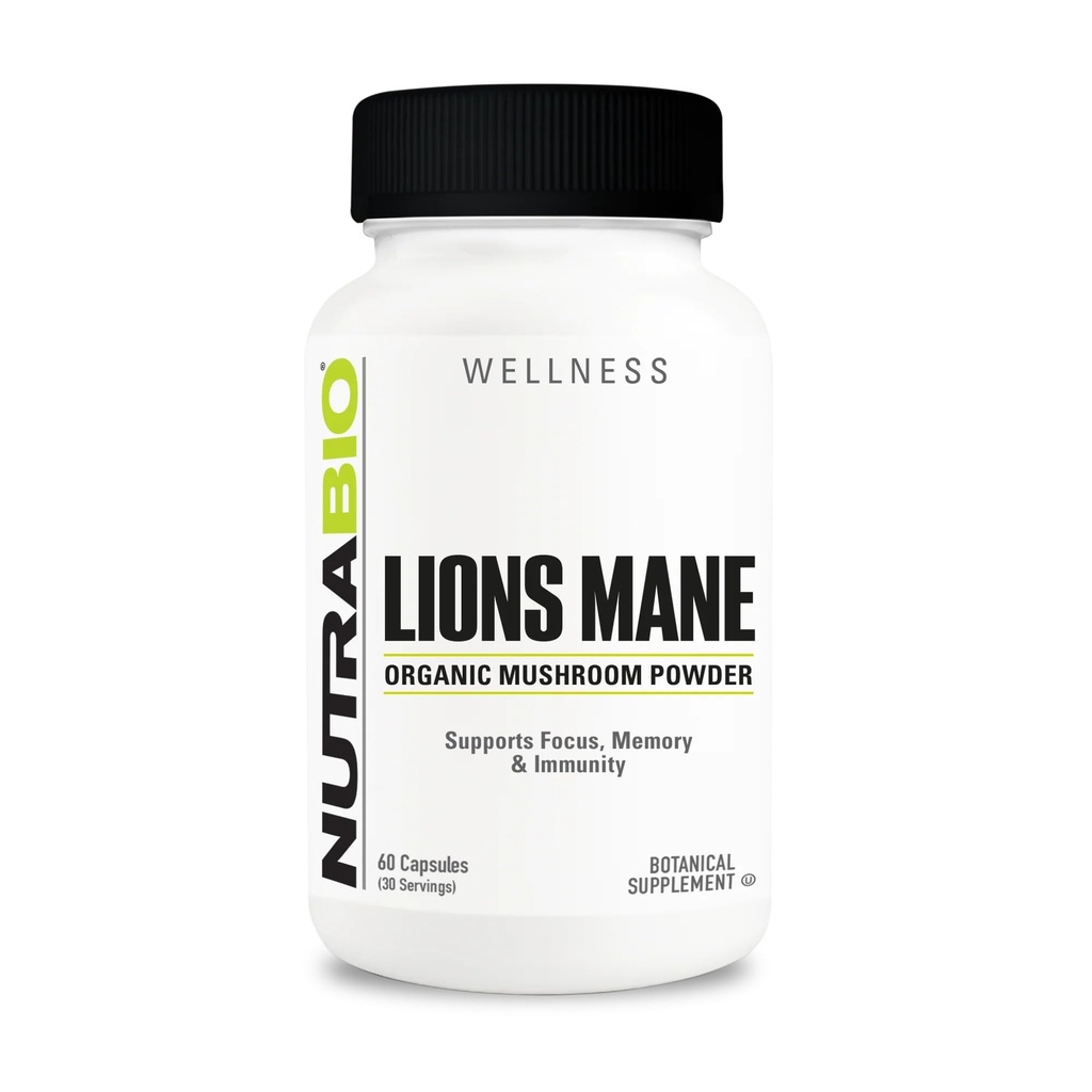 NutraBio Lions Mane Supplement Capsules- Organic Lion's Mane Mushroom Powder (500mg) - Fokus, minne, immunitet - 60 Vegetabiliska kapslar