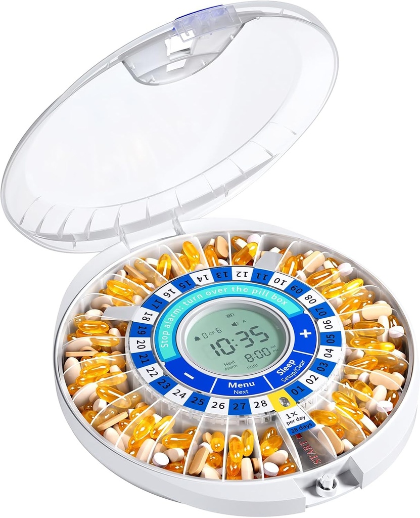 Daviky Automatic Pill Dispenser för äldre med Alarm, 28-Day Electronic Locked Pill Box, Sound & Light Reminders för Medicinering, Vitaminer och Supplements (Blue)
