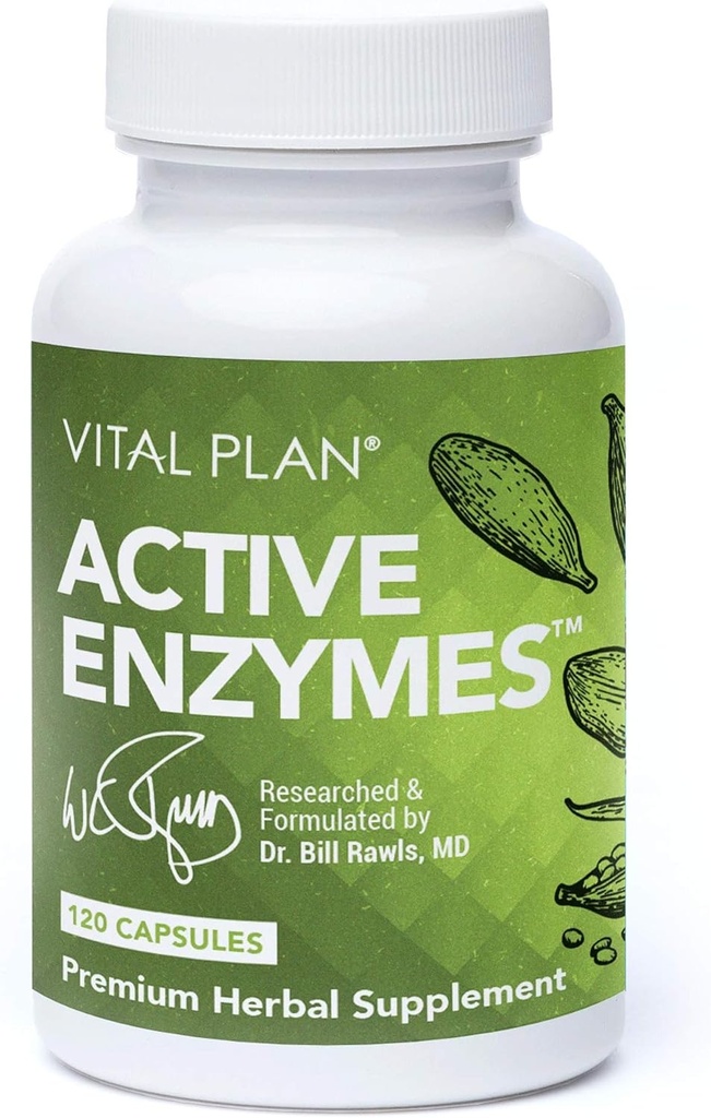 Vital Plan Active Enzymes Supplement av Dr Bill Rawls - Digestive Enzymes for Gut Health & Digestion - Protease, Bromelain, Lactase, Amylase & Lipase (120 kapslar)