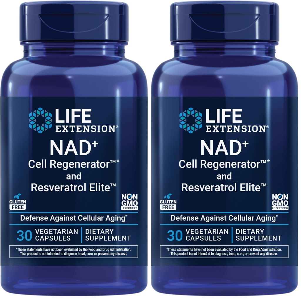 Life Extension NAD+ Cell Regenerator och Resveratrol Elite, NIAGEN nikotinamid riboside, Trans-resveratrol, quercetin, Fisetin, för Longevity, Energy och oxidativ stress, 30 vegetariska kapsel