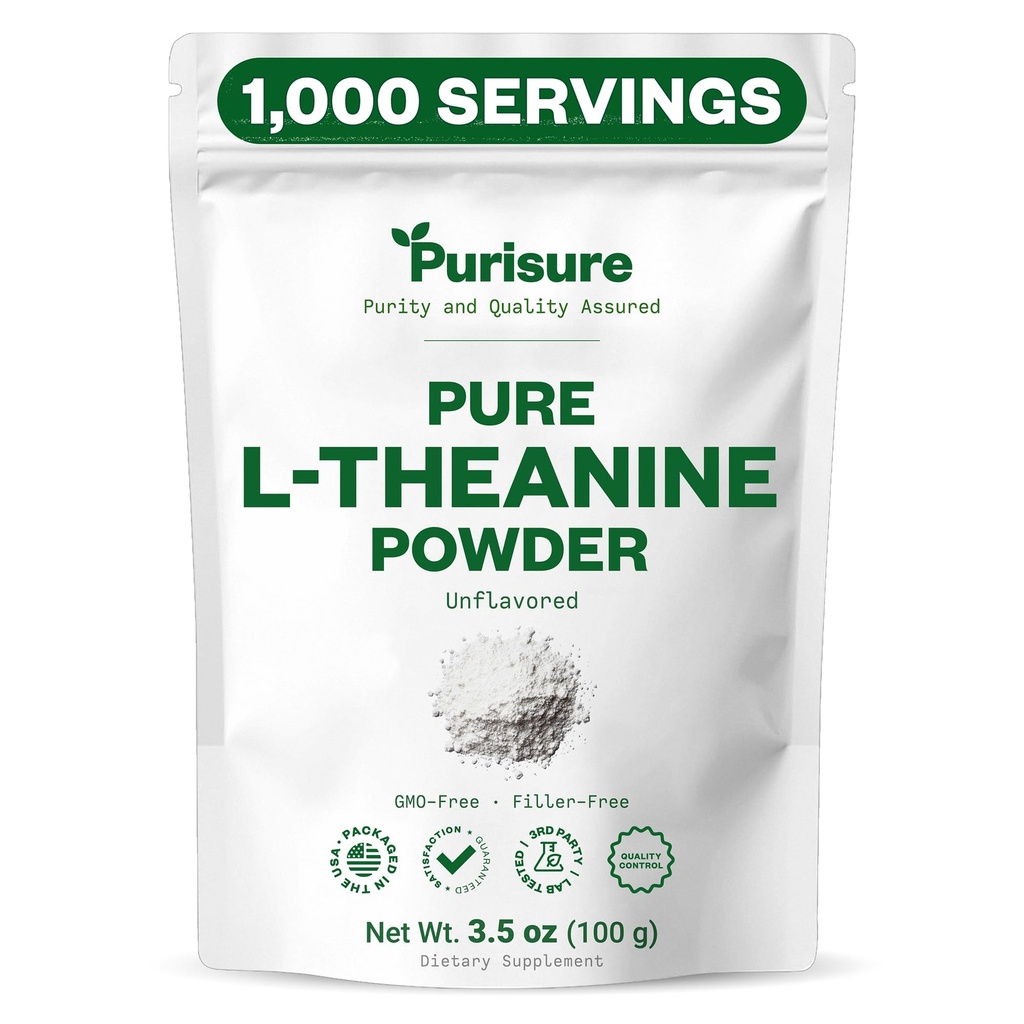 Purisure L-Theanine Powder, 100 g, Pure L Theanine Powder som främjar avkoppling och fokus, komplement för kognitiv funktion, inga fillers, icke-GMO, 1000 portioner