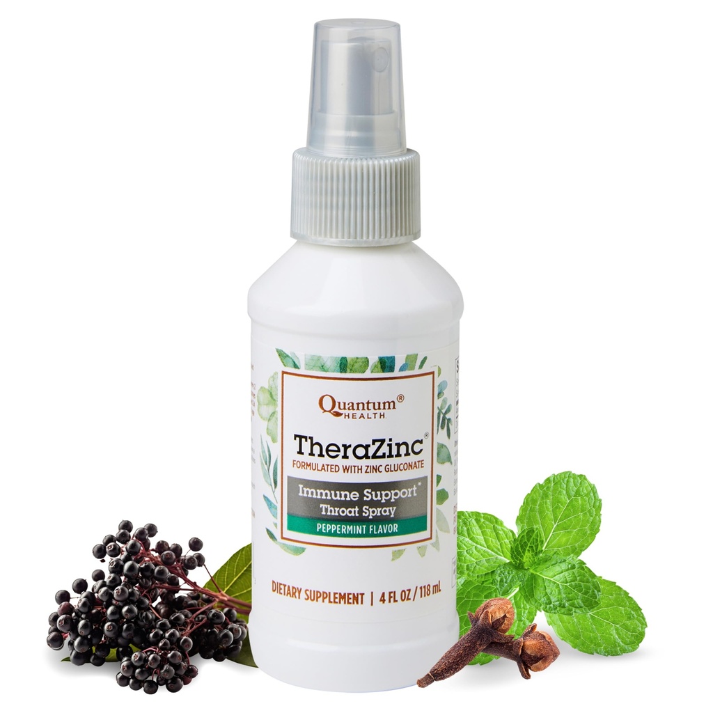 Quantum Health TheraZinc Oral Spray, Zink Immune Support för vuxna och barn, ger halshjälp i en lugnande flytande Zink Spray, 4 Oz.
