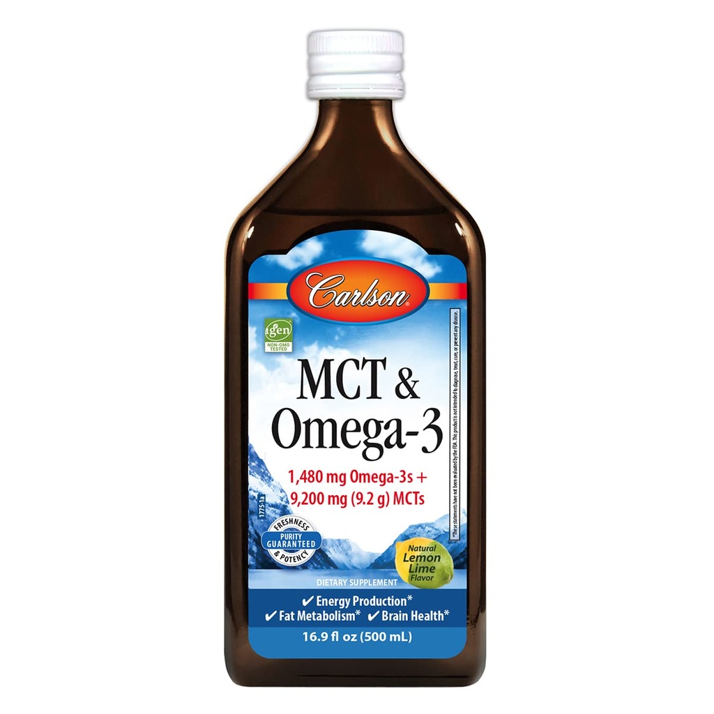 Carlson - MCT & Omega-3, 1480 mg Omega-3s, 9200 mg MCTs, Keto-Friendly, Caprylic & Capric Acids, Energy Production, Fat Metabolism, Lemon-Lime, 500 mL (16,9 Fl Oz)
