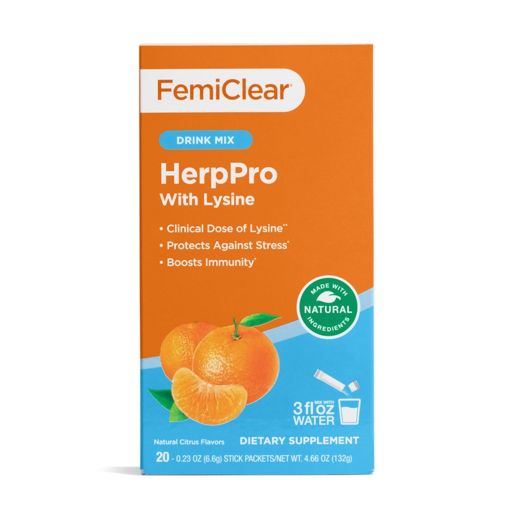 FemiClear HerpPro Drink Mix, med L-Lysine 3000mg, Zink, Vitamins A & C, Ashwagandha, Immunity & Stress Supplement för kvinnor och män, 20 Stick Packets