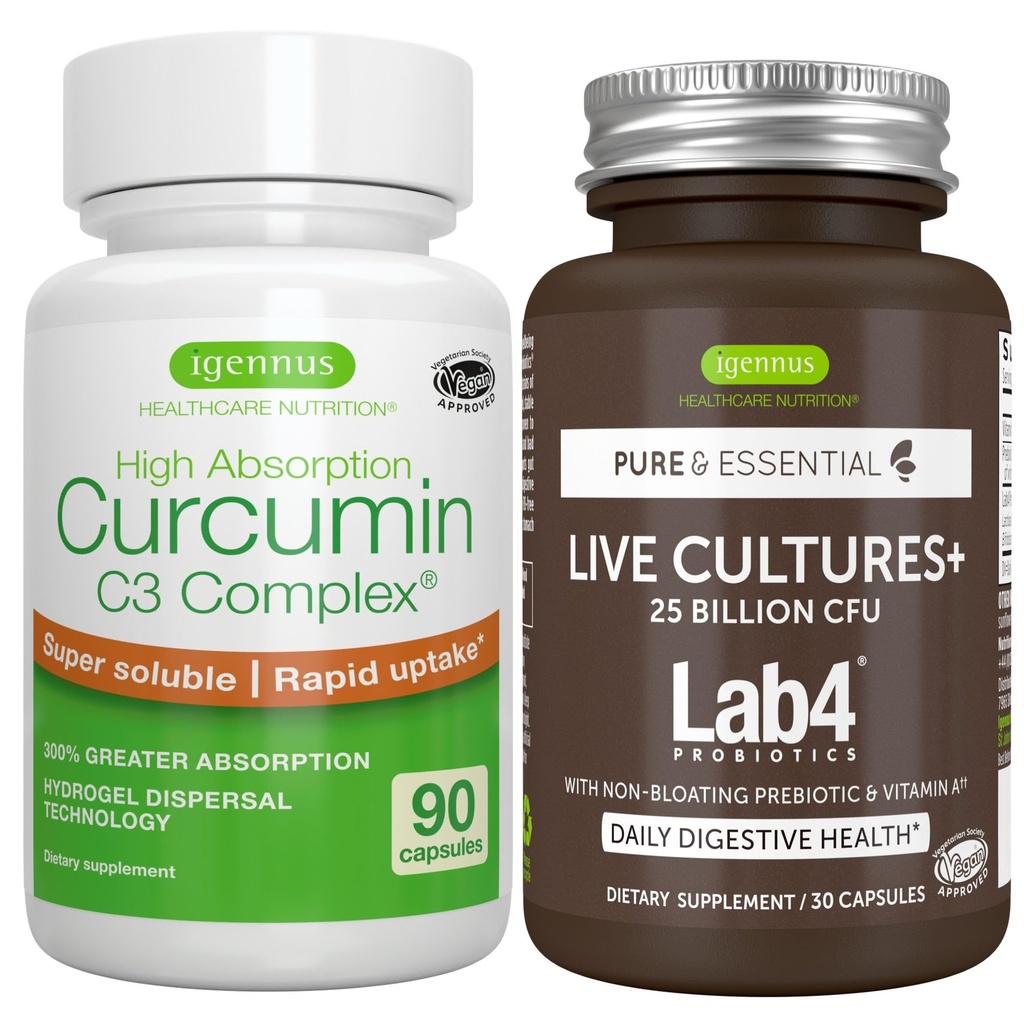 Levande kulturer+ Lab4 Probiotics + High Absorption Curcumin C3 Complex Vegan Bundle, 25 miljarder CFU Probiotic, Non-Bloating Prebiotic + 300% Större Absorption Curcuminoids med Rapid Uptake, By Igennus