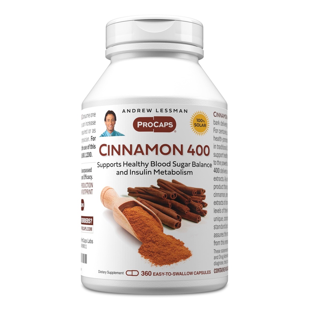 ANDREW LESSMAN Cinnamon 400mg - 360 kapslar - Hög styrka, standardiserat extrakt. Inga tillsatser. Liten lätt att svälja kapslar