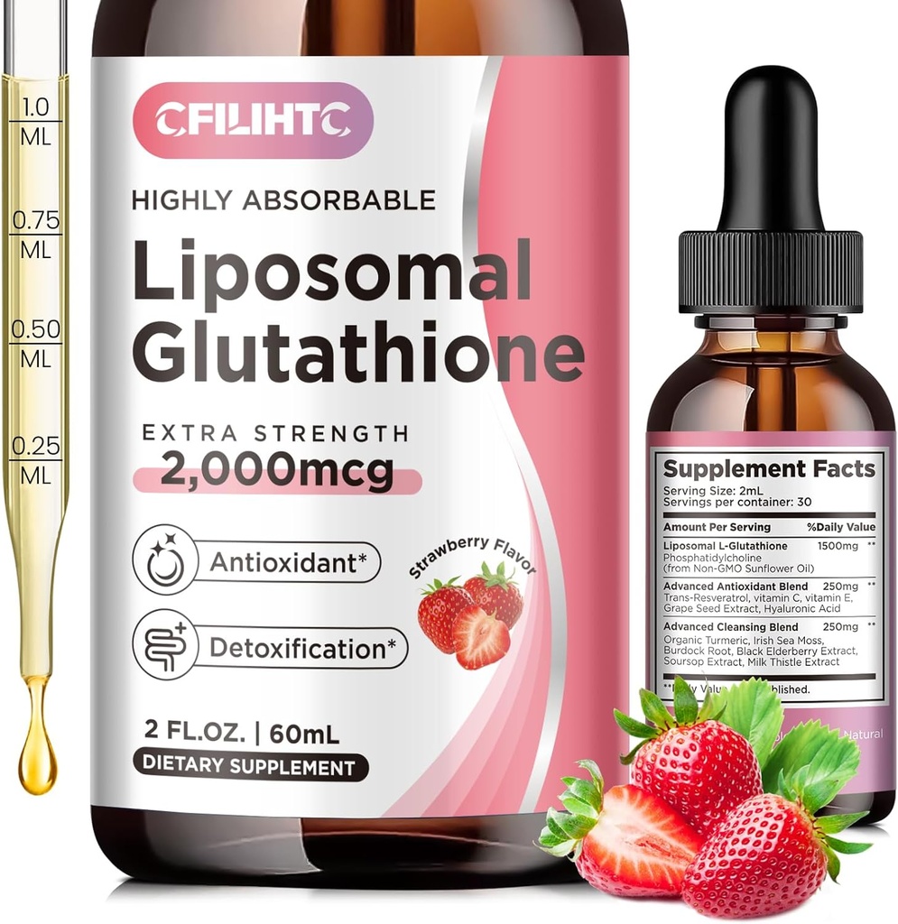 Liposomal Glutathione Liquid Drops, Glutathione Liquid Supplement, Active Form L-Glutathione, med vitamin C, Liver Detox, Antioxidant för Anti-Aging, Immune & Cleansing, Strawberry Flavor, 2 FL.OZ