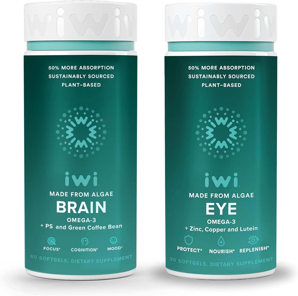 Iwi Life Brain & Eye Omega-3 Bundle, 30 portioner, Vegan Plant-Based Algae Omega 3 med EPA + DHA, Krill & Fish Oil Alternative, No Fishy Aftertaste