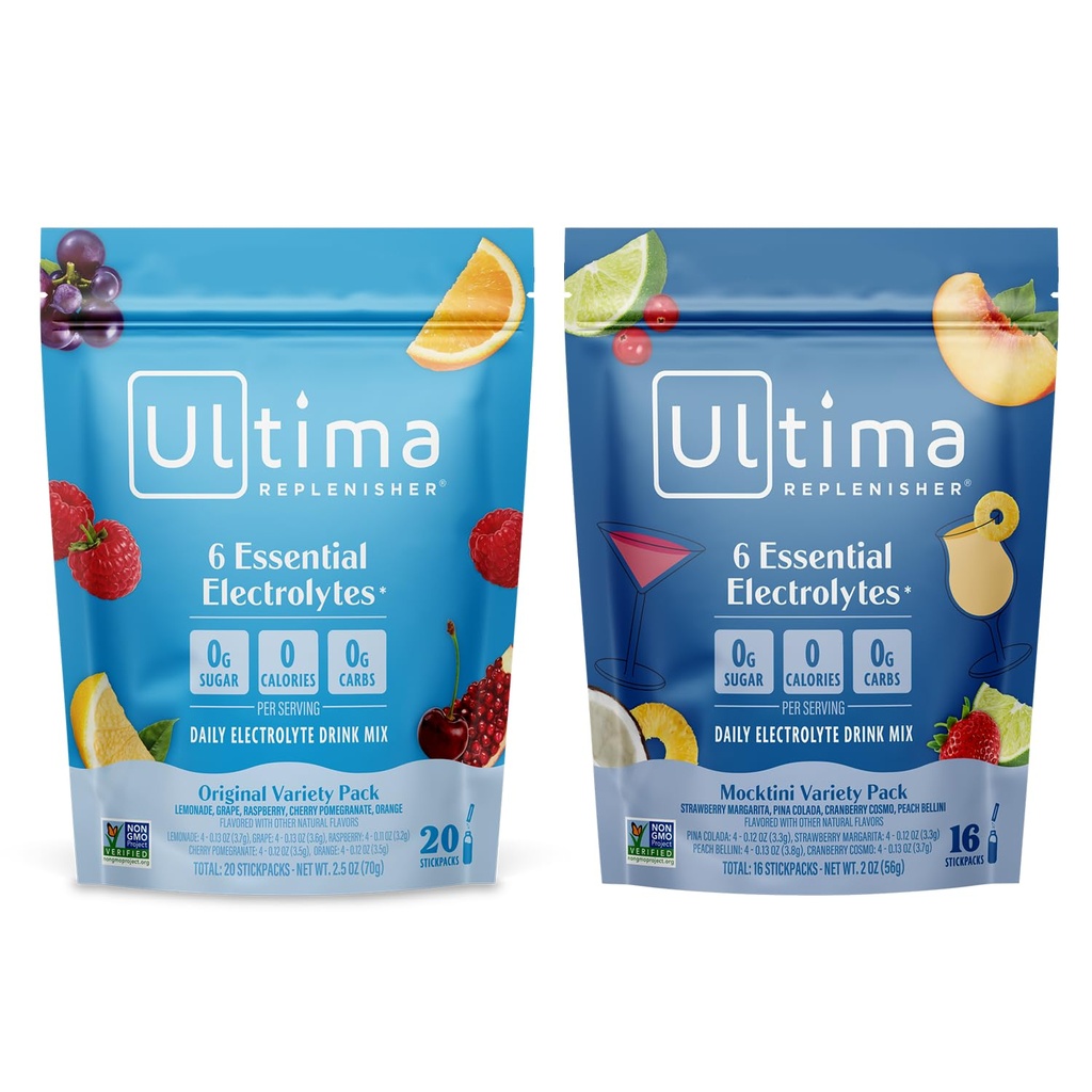 Ultima Replenisher Daily Electrolyte Powder Drink Mix - Sugar Free - Mocktini Variety och Original Variety, 36 Stickpacks - Hydration Packets med 6 elektrolyter och mineraler - Keto, Non-GMO