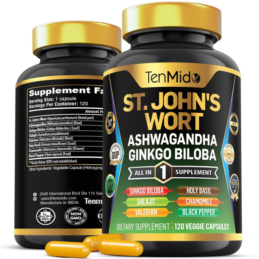 St.John's Wort Supplement - 8in1 Formel - Kombinera med Ashwagandha, Ginkgo Biloba, Shilajit, Valerian, Holy Basil, Chamomile och Black Pepper - 120 Vegan kapslar för 4 månaders leverans