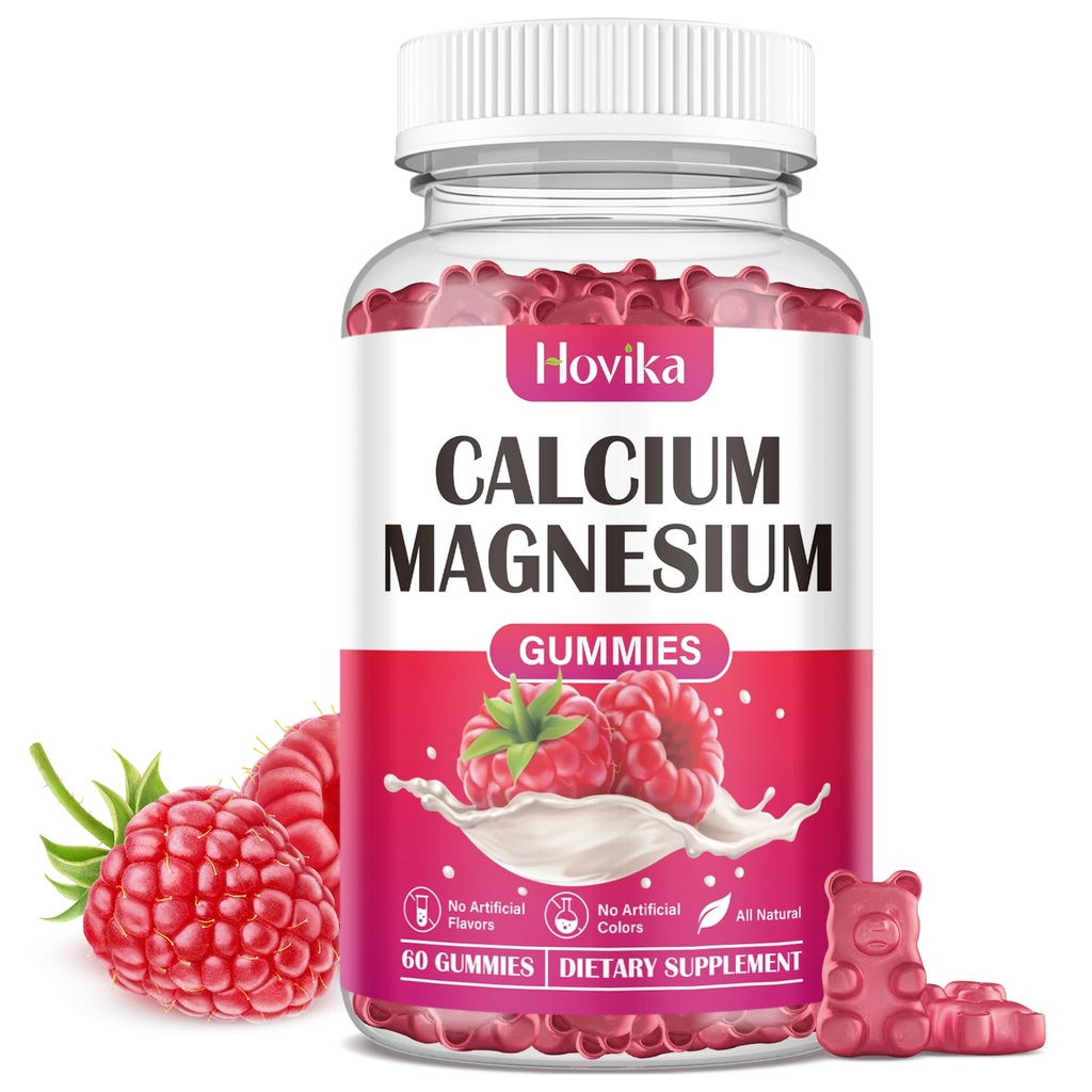 Calcium Magnesium Zink Gummies, Calcium Magnesium 2:1 Ratio med vitamin D3, K2, B6, B12 för benstyrka, muskelfunktion och nervhälsa, Extra Absorption Formel, Vegan, Raspberry Flavor 60 Gummies