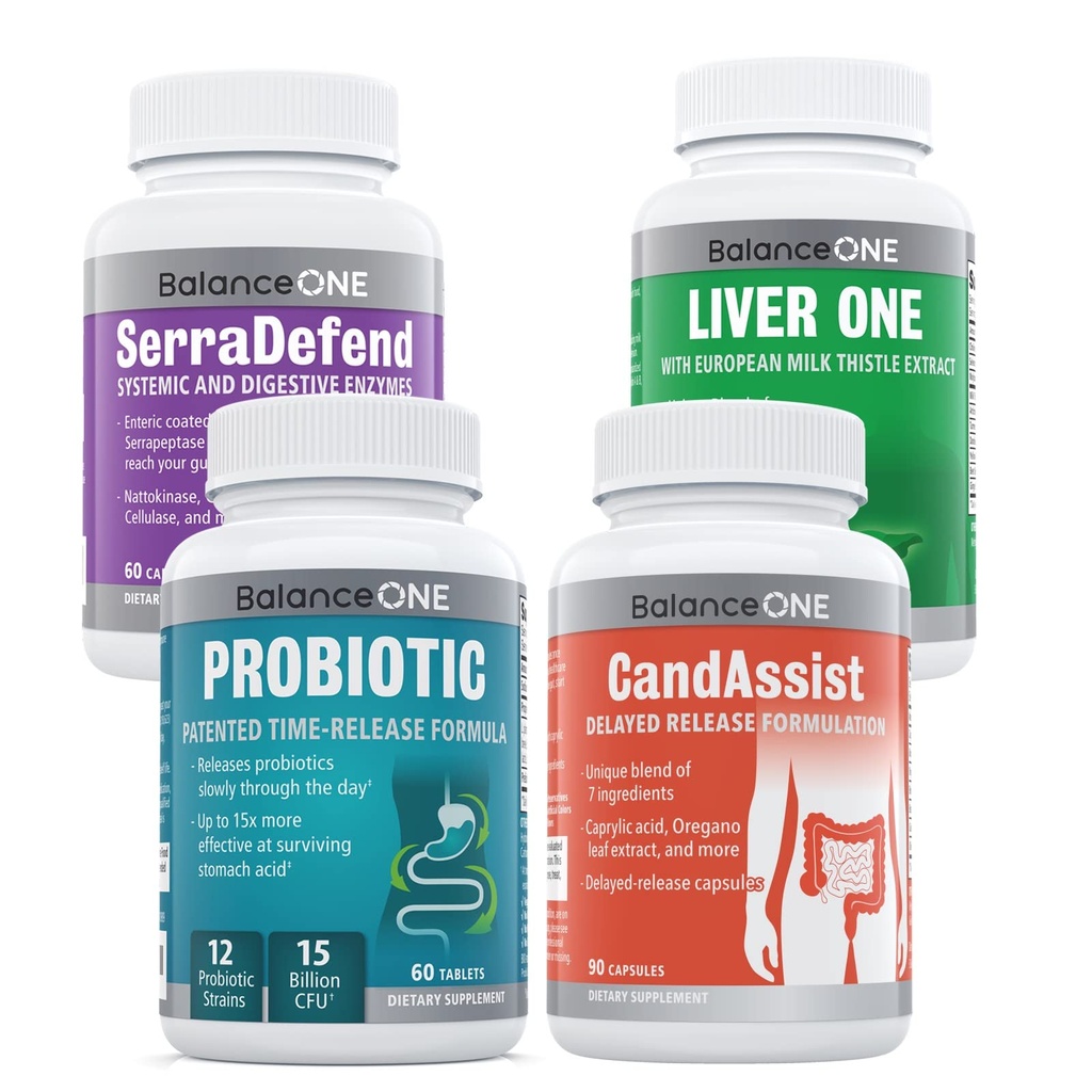 Balans EN 4-i-1 Bundle | Probiotisk, CandAssist, Liver One, SerraDefend | 15 miljarder probiotikum | Naturlig rengöring med Caprylic Acid | Leverstöd med mjölk Thistle | Systemisk Enzym Blend