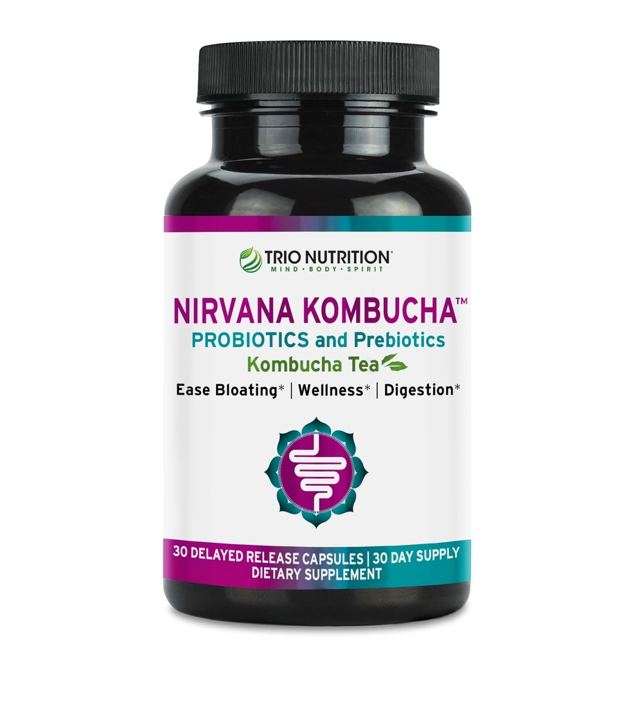 TRIO NUTRITION Nirvana Kombucha - Multi-Strain Probiotics & Prebiotic Blend med organiskt te - Försenad frisättning kapslar för Digestive & Immune Health - Bloating Relief - Naturlig pH Balance