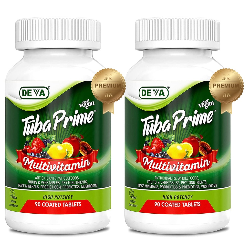 DEVA Tuba Prime Vegan Multivitamin High-Potency Vitamin och Mineral Dietary Supplement Antioxidanter, Frukt och Vegetable Blend, Super Mushrooms, Probiotika, Prebiotika, Frön, Herber - 90 Tabs, 2-Pack