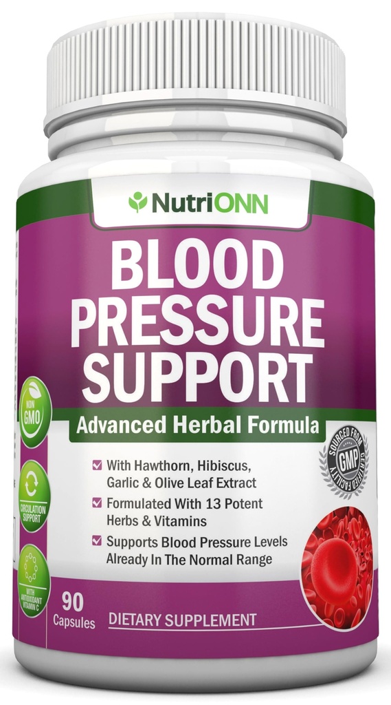 Blodtrycksstödstillägg - 13 örter och vitaminer - med Hawthorn, Hibiscus, Garlic & Olive Leaf Extract - Naturligt tillskott för kvinnor och män - Hög styrka kapslar - Non-GMO - 90 Day Supply