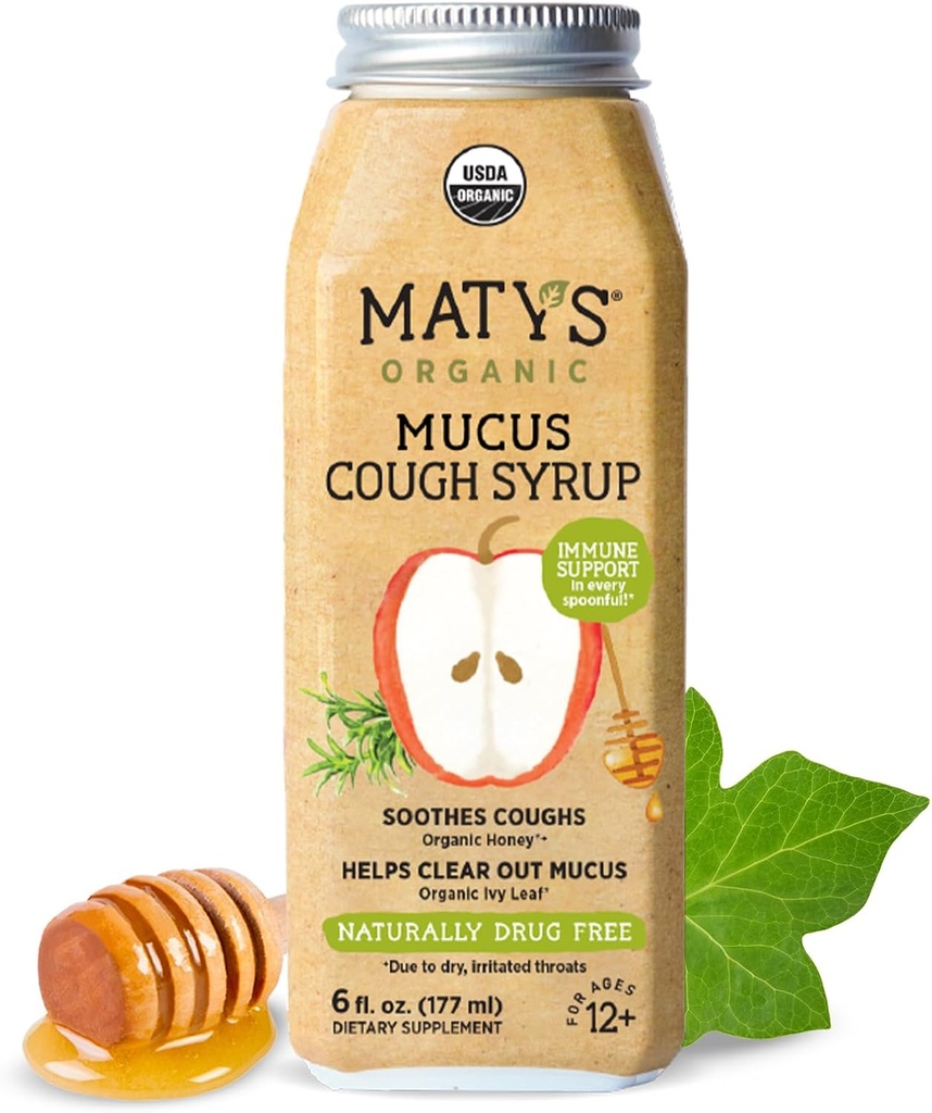 Matys Adult Mucus Cough Syrup för vuxna och barn 12 år och upp, lugnande lättnad Ivy med organiska ingredienser & Zink, 6 Fl Oz