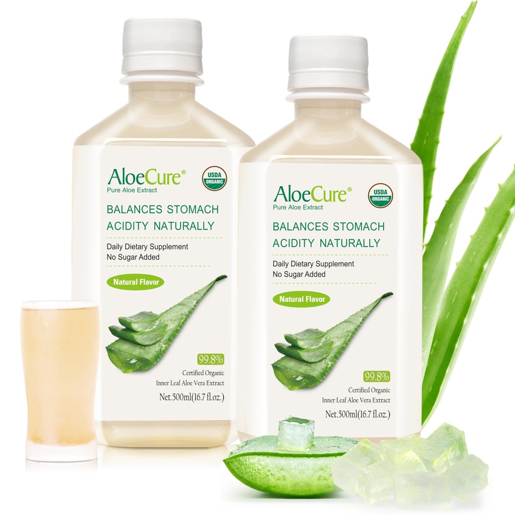AloeCure USDA Organic Aloe Vera Juice Made Within 12 Hrs of Harvest - Pure Aloe Juice Natural Digestive Supplement to Support Digestion, Immune System och Balanced Stomach Acidity, 2 x 500ml Bottles