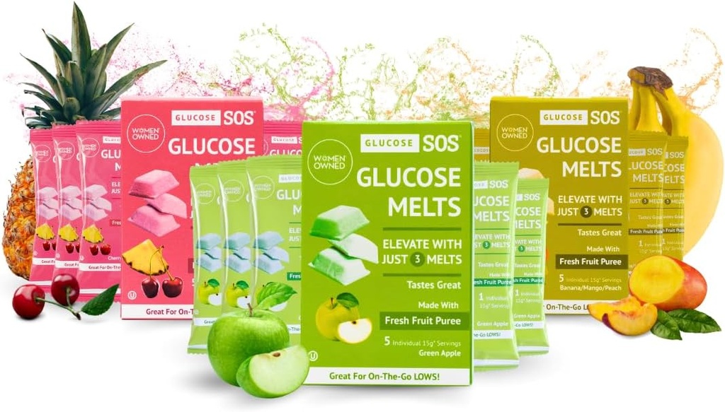 Glukos SOS smälter gjord med Dextrose Powder Natural Fruit Puree Sugar, som glukosflikar, snabbverkande tabletter som smälter med 15 individuella 15 g portioner av 3 olika smaker