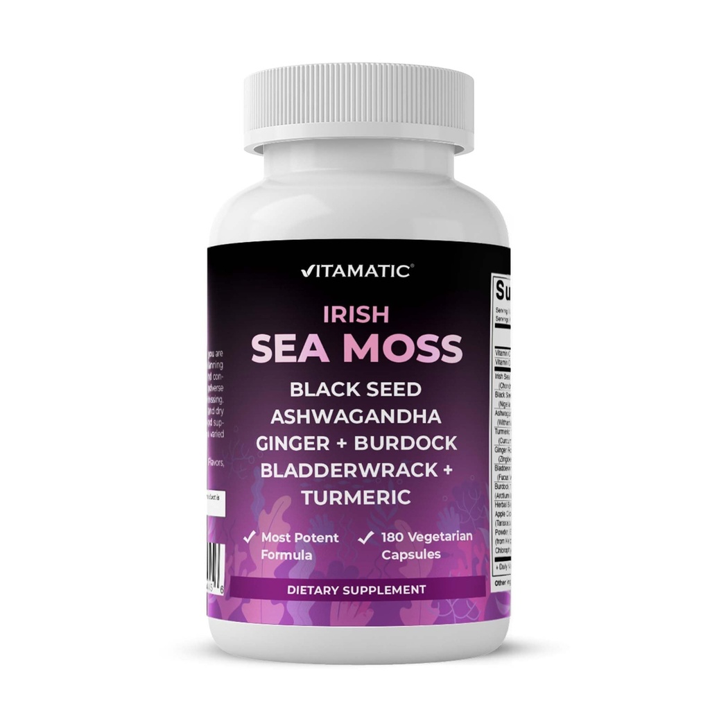 Vitamatic Sea Moss med Black Seed Oil, Ashwagandha, Turmeric, Bladderwrack & Burdock - 180 Vegan Capsules
