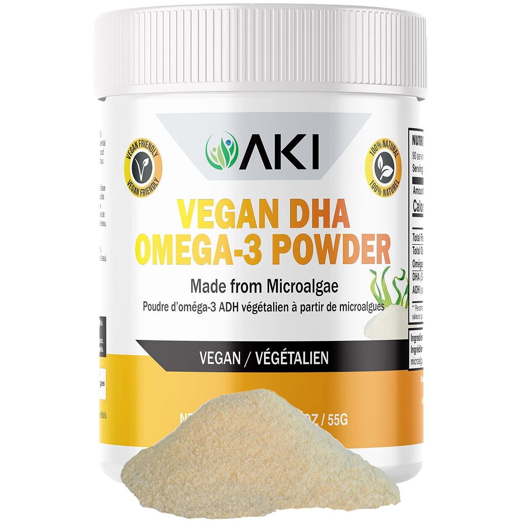 AKI Omega 3 DHA Micro Algae Powder Supplements - Plant-Based Keto Vitamin för Inflammation - Alternativ till fisk eller Krill Oil - Vegan & GMO-Free (1,94oz/55g)
