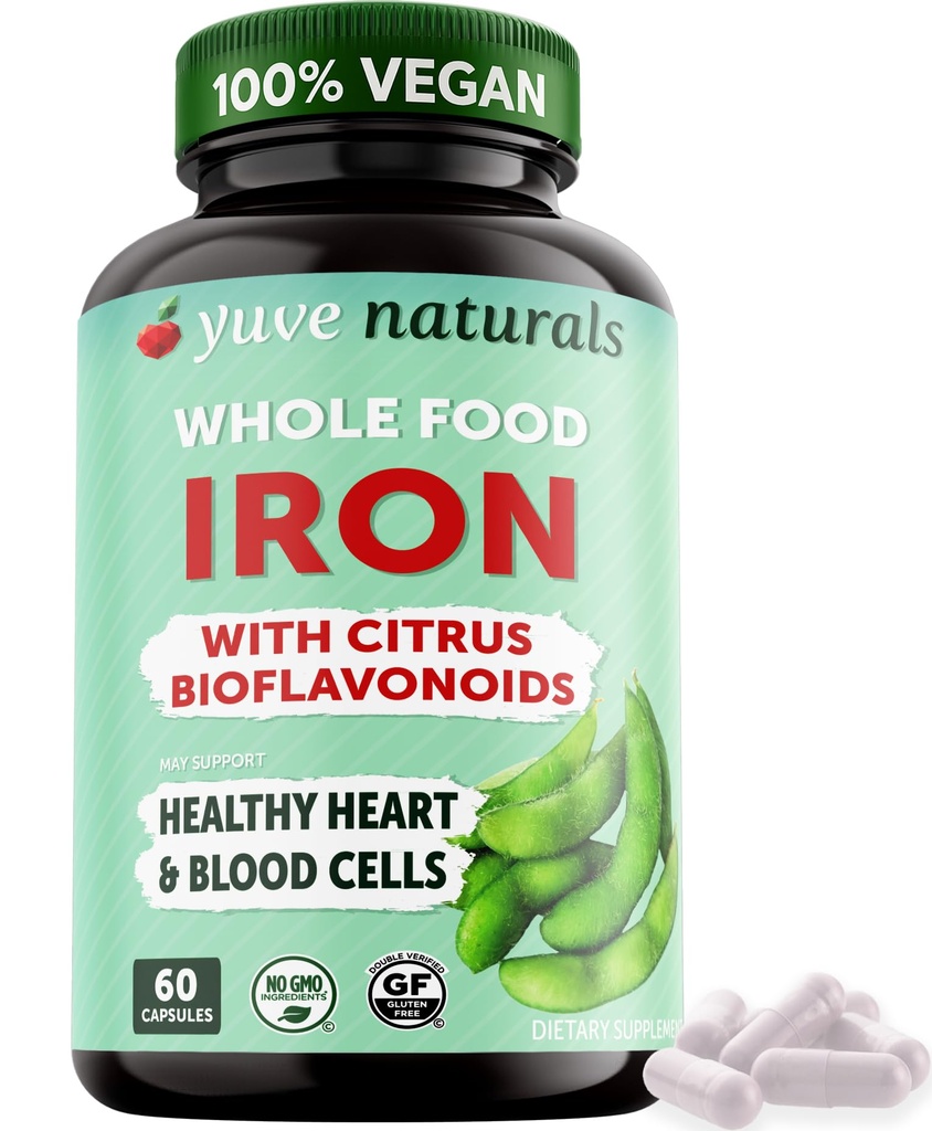 Yuve 100% Vegan Whole Food Chelated Iron Supplement 18mg - Smaklös, icke-konstiperande, genial på mage, energistöd - Glutenfri, icke-GMO, 60 kapslar