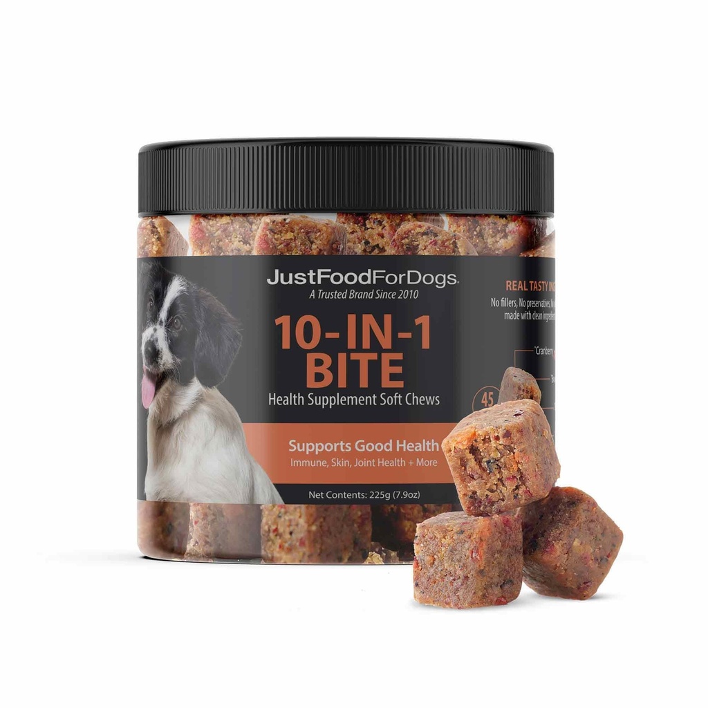 JustFoodForDogs 10-i-1 Multifunktionell Supplement Chews for Dogs, Superfood Blend, Glucosamine, Omega-3 Fatty Acids, Skin Health, Joint Health, Probiotics, Plant-Based, Human Grade - 45 Count
