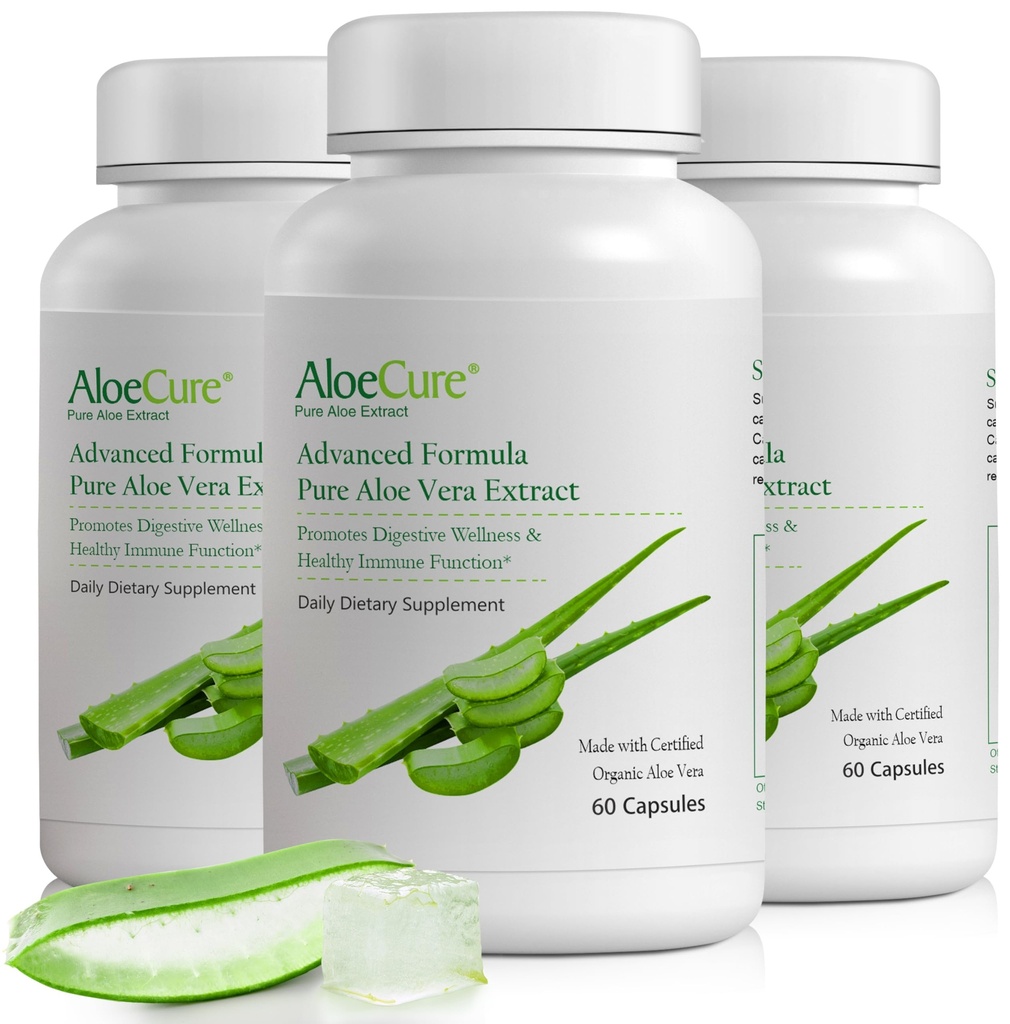 AloeCure Organic Aloe Vera Capsules, 160,000mg Inner Aloe Leaf Equivalent per Servering, Support Gut, Digestive, & Immune Health, hjälper till att upprätthålla balanserad magsyra, Aloin Free, 60Caps x 3Btl