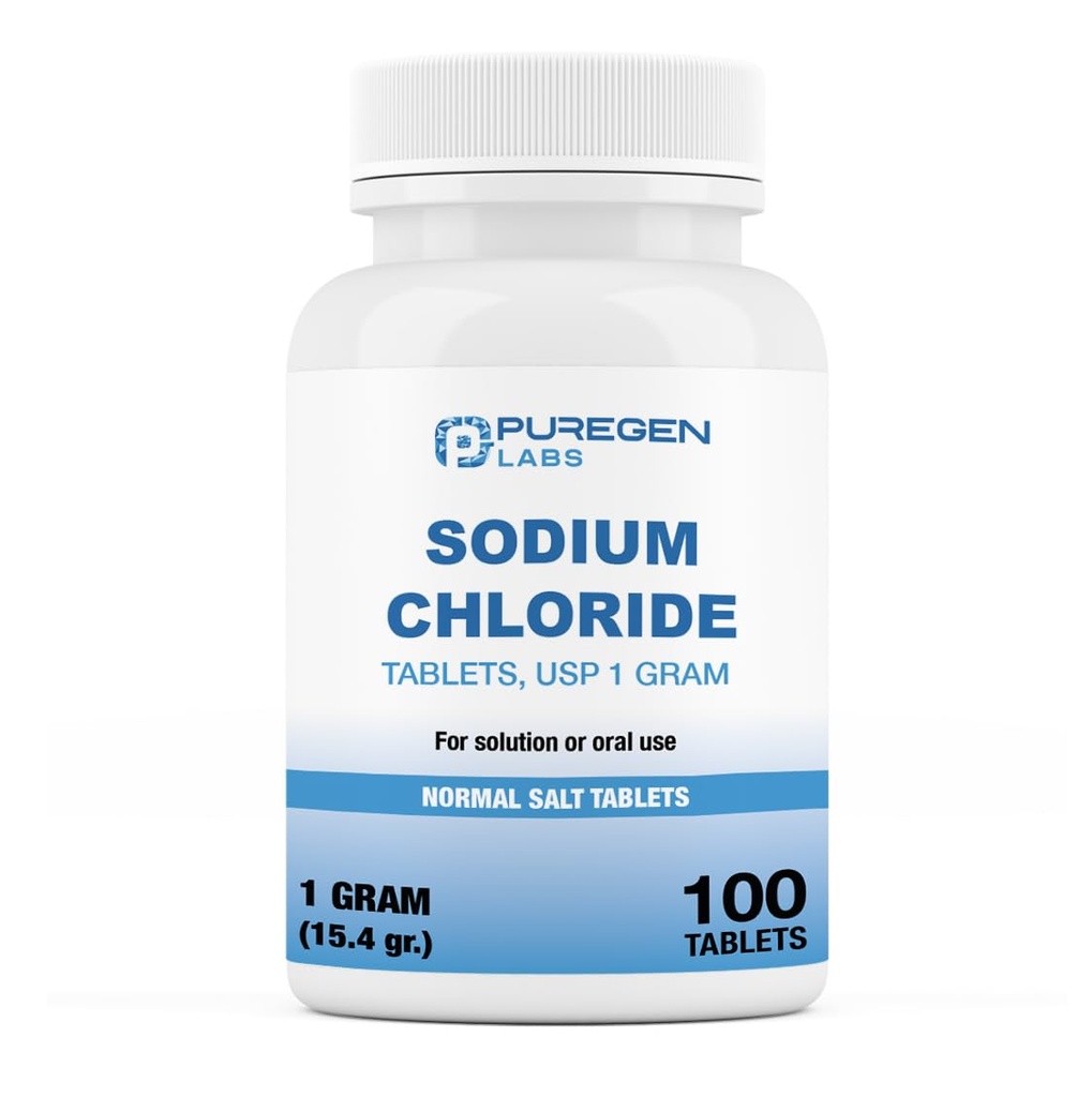 Puregen Labs Natriumklorid tabletter 1 gm (1000 mg), USP | (15.4gr.) | 100 greve | Normal Salt tabletter | Tillverkad i USA | Electrolytes Replenisher Hydration Drink