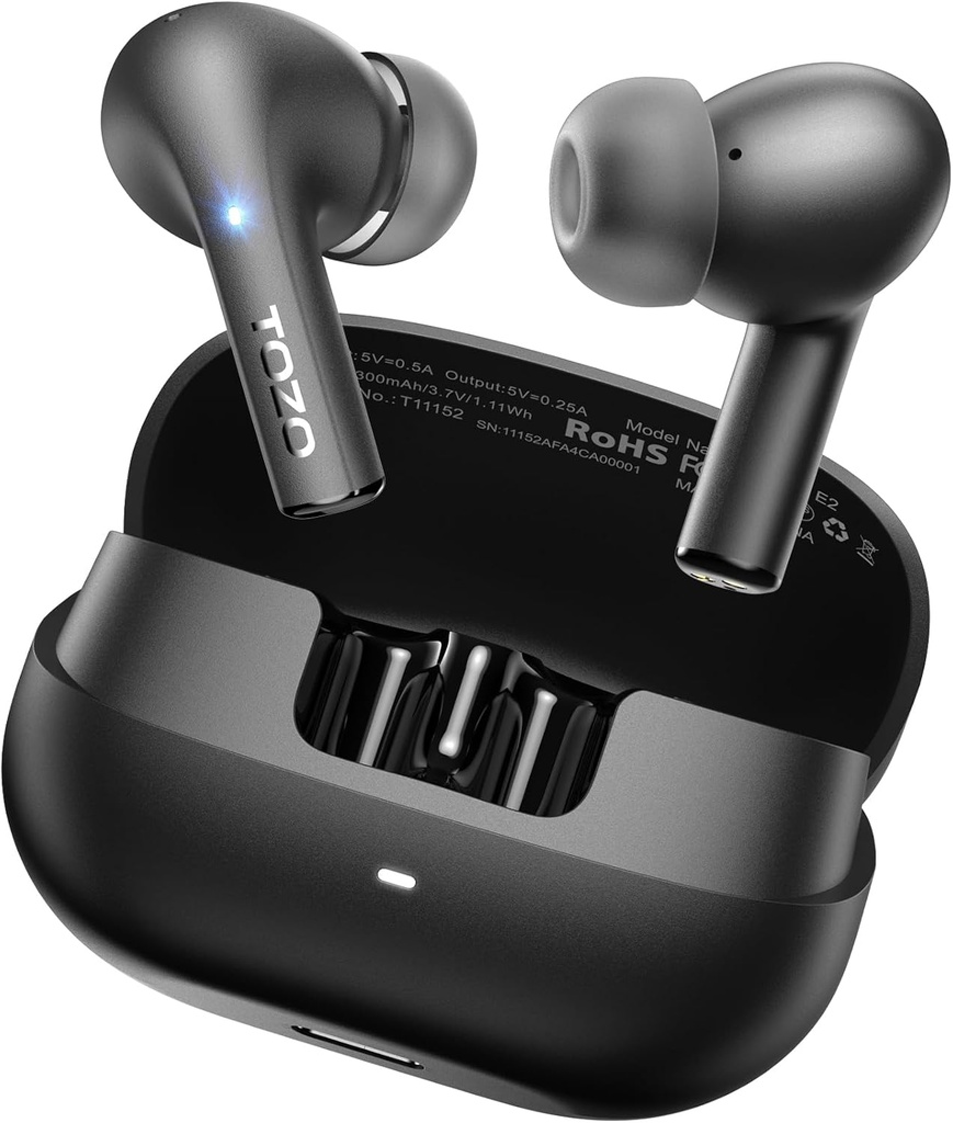 TOZO E2 Wireless Earbuds 10mm Drivers med Powerful Bass, App Anpassa 32 EQs, med 2 Mics AI Call Noise Cancellation, 30H Playtime, Bluetooth 5.3 Ear Buds, Comfort Fit in-Ear Headphones