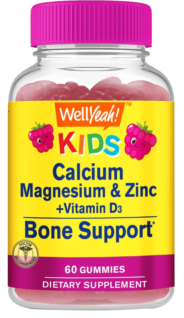 Kid's Calcium, Magnesium, Zink + Vitamin D3 Gummies av WellYeah | Ben, Muscle och Nerve Health Support, Immune Support | för Män och kvinnor | Gluten Free, Non GMO | Raspberry Flavor | 60 Count