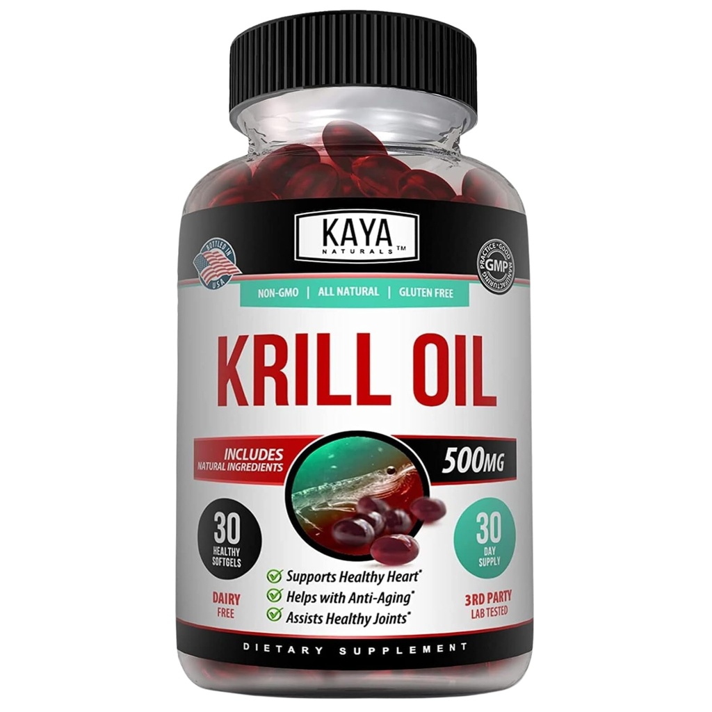 Kaya Naturals - Antarctic Krill Oil 500mg med Omega 3, EPA, DHA, Phospholipids & Astaxanthin Supplement - Brain & Health Vitamin - Anti Aging Supplement - 30 Count Softgels