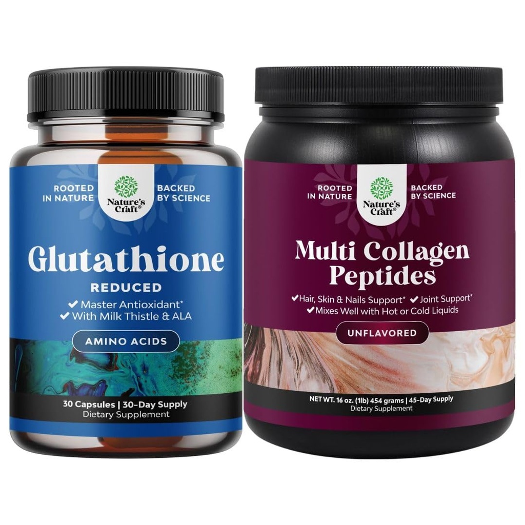 Bundle of Reduced Glutathione Supplement with Milk Thistle - 500 mg per Servering Pure L Glutathione och Multi Collagen Protein Powder - Keto Hydrolyzed Collagen Peptides Hair Skin & Nails Vitamins