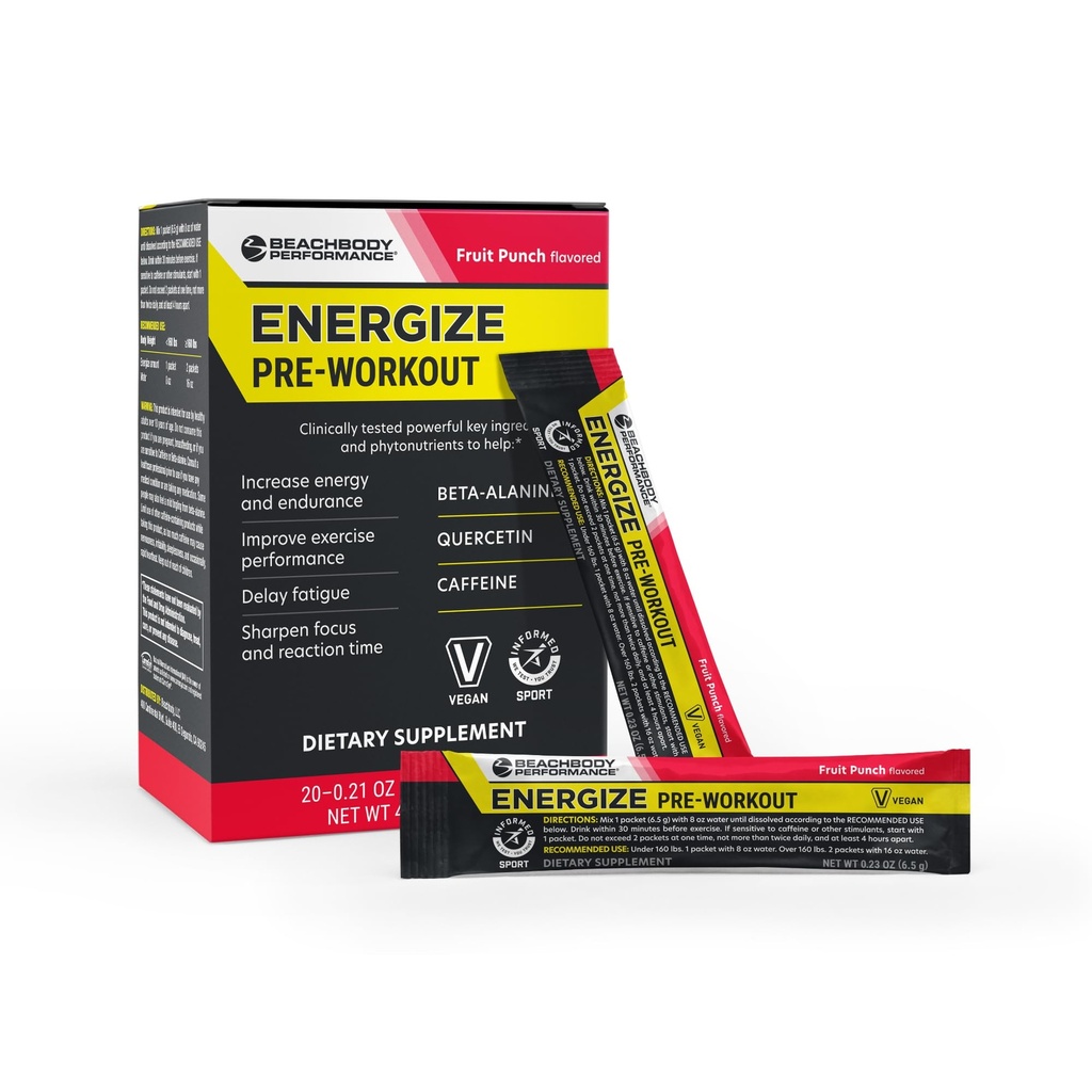 BODi Energize Pre Workout Powder - Beta-Alanine, Quercetin & Low-Dose Caffeine Formel för förbättrad energi och fokus, Öka energi och uthållighet Supplement, Fruit Punch, 20 Sticks