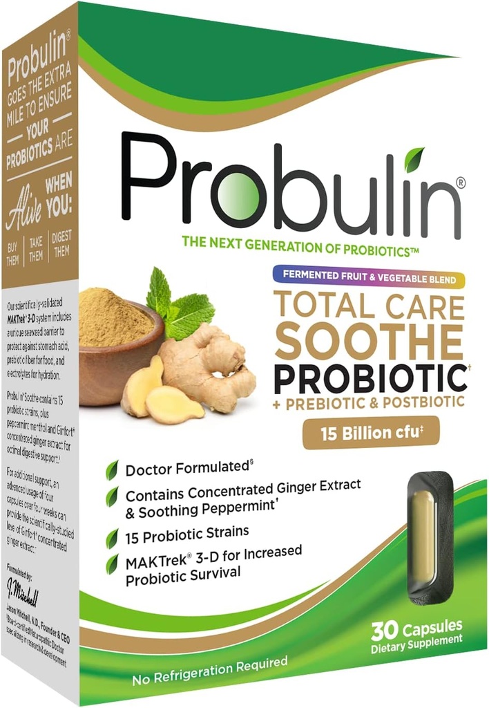 Probulin Total Care Soothe Prebiotic, Probiotic och Postbiotic + Ginger & Mint för Digestive Soothing - 15 miljarder CFU - 15 stammar - 30 Vegan kapslar