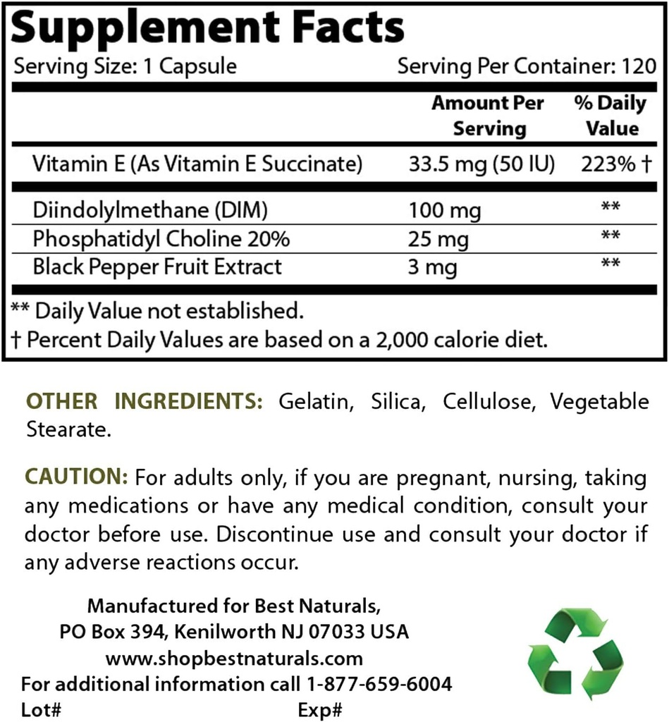 Bästa naturliga DIM Supplement 100 mg & Vitamin B12 6000 mcg