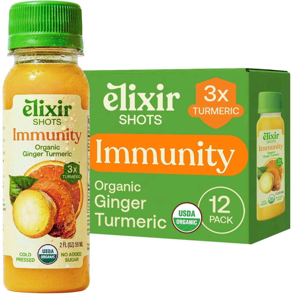 Elixir Shots, Immunity Boost Wellness Skott med kallpressad gurkmeja, ingefära, orange och svartpeppar, inga tillsatta sockerarter eller konstgjorda ingredienser, 12-pack