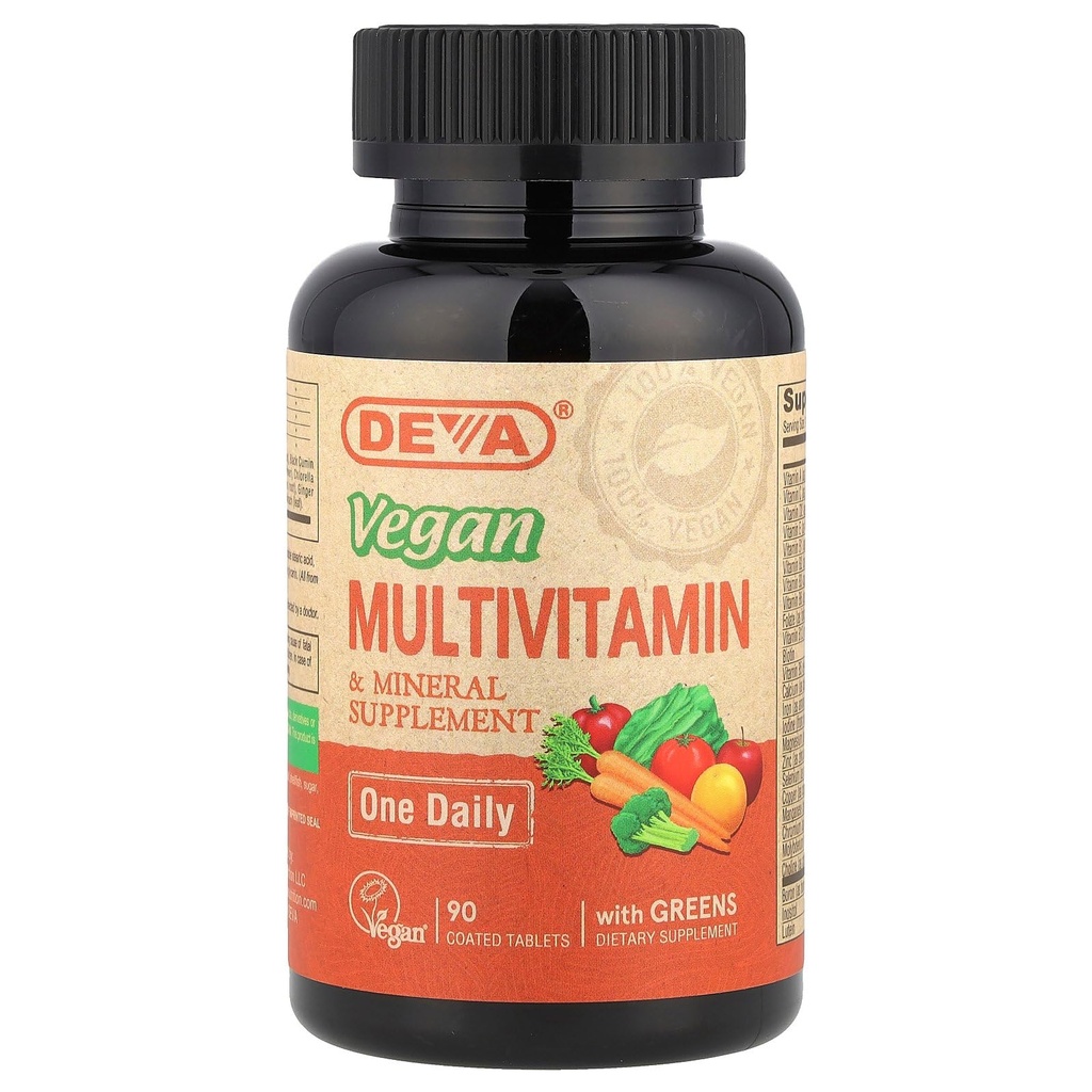 DEVA Tiny Tablets Vegan Multivitaminer för kvinnor och män, multivitamin med järn, mineraltillskott, vitamin C, vitamin B-komplex, vitamin B12, vitamin E, Zink, Gluten Free, 90 tabletter