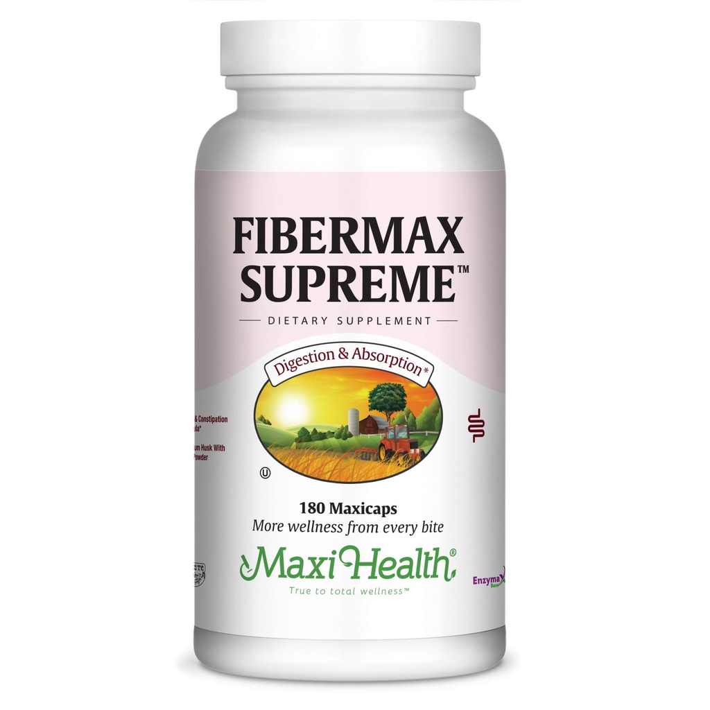Maxi Health Fibermax Supreme - Fiber kapslar för genlisk matsmältning och Gut Support - Vegetarisk Psyllium Husk kapslar - Kosher Fiber Supplement för män och kvinnor (180 greve)