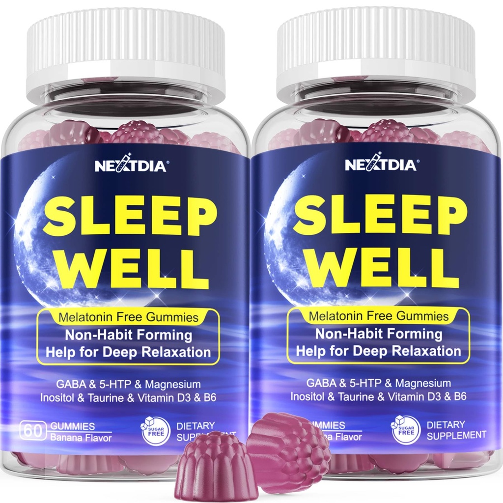 Melatonin Free Sleep Gummies med Magnesium Glycinate, GABA, 5-HTP, L-Theanine, Valerian, Chamomile, Lemon Balm, Vitamin D3 & B6 - Hormon & Drug- Free, Non-Habit Forming, 2 Pack