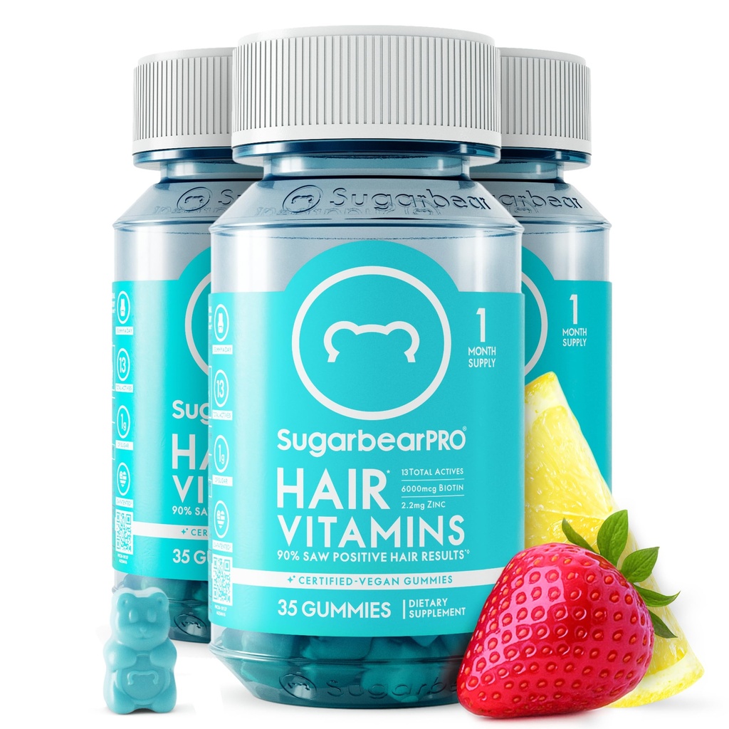 SugarBearPro Hair Vitamin Gummy 3 Month Supply Extra Strength Biotin 6000mcg, Tillväxt för Män & Kvinnor, Vegan Vitamin B12, MSM, Inositol, Omega 3, Elderberry, Certified Kosher, Halal, Cruelty-Free
