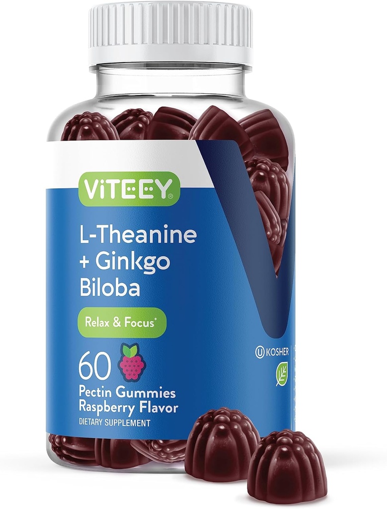 Viteey L-Theanine Gummies med Ginkgo Biloba för vuxna - Hjälper i Focus & Relax, Förbättra humör - Non GMO, Gelatin Free, Vegan, Gluten Free, naturligt källad Chewable Tasty Raspberry Flavored Gummy
